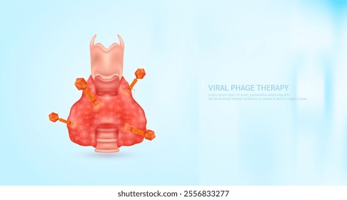 Model red bacteriophage on thyroid gland. Phage therapy or phagotherapy. Virus affects destroys harmful bacterial cell human internal. Medical science research and analysis. Banner vector EPS10.