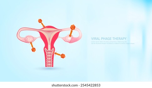 Modelo de bacteriófago rojo en el útero. Fagoterapia o fagoterapia. El virus afecta y destruye las células bacterianas dañinas internas del ser humano. Investigación y análisis de ciencias médicas. Anuncio Vector EPS10.