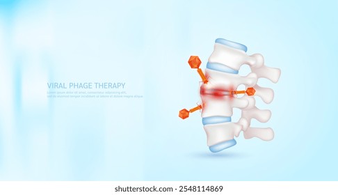 Modelo de bacteriófago rojo en vertebral. Fagoterapia o fagoterapia. El virus afecta y destruye las células bacterianas dañinas internas del ser humano. Investigación y análisis de ciencias médicas. Anuncio Vector EPS10.