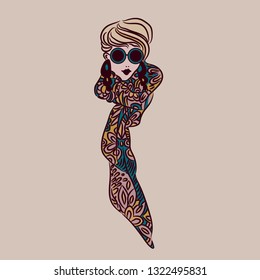 Model in round sunglasses. Stylish jewelry, scarf. Fashionable hairstyle. Scarf with an ornament. Blonde
Hand-drawn illustration. Vector image