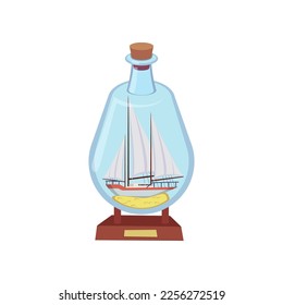 Modelo de barco en botella de vidrio con ilustración de vector de arena. Dibujo de recuerdo, miniatura de un barco de mar aislado de fondo blanco. Decoración, hobby o artesanía, concepto de aventura