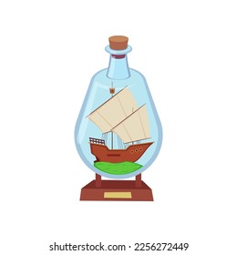 Model of ship in vertical glass bottle vector illustration. Drawing of souvenir, miniature of sea vessel with green land isolated on white background. Decoration, hobby or craft, adventure concept