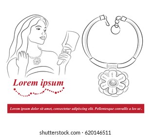 Model shows jewelry, with a mirror in hand. vintage jewelry in modern style, the symbolism of ancient civilizations. Demonstration of necklace on a white background, place for text