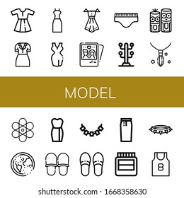 model simple icons set. Contains such icons as Dress, Couple, Underwear, Coat stand, Model craft, Necklace, Atom, Ozone, Slippers, Pencil skirt, can be used for web, mobile and logo