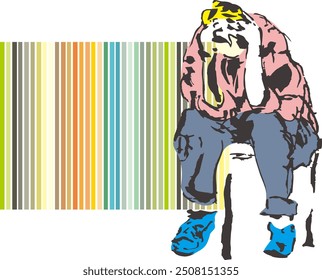 model sketches figures sitting on a chairs on colors and colorful lines vertical background  - vector illustration