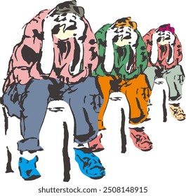 Modelo bocetos de tres figuras sentadas en una silla de diferentes colores y fondo blanco - Ilustración vectorial