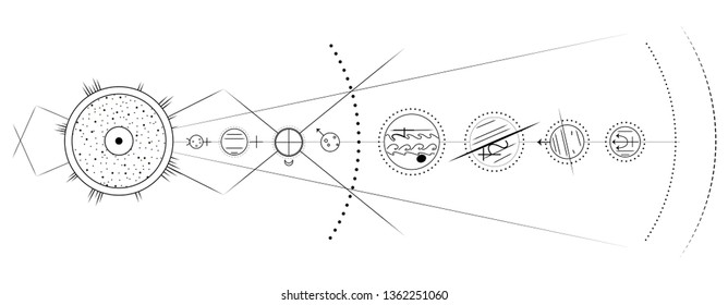 Model of Solar system, black and white minimal vector illustration