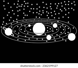 The model of the Solar System in space, 3d astronomical manual for students in flat retro style. Vector illustration
