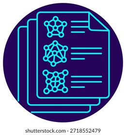Symbol für Modellspezifikation Minimalistische Neonkontur auf dunkelblauem, rundem Hintergrund. Eine stilvolle Vektorgrafik gestapelter Dokumente mit Text und verschiedenen Graphen-Netzwerk-Diagrammen, die detaillierte Modellspezifikationen, Algorithmusdokumentation und technisches Reporting für KI-Systeme symbolisiert