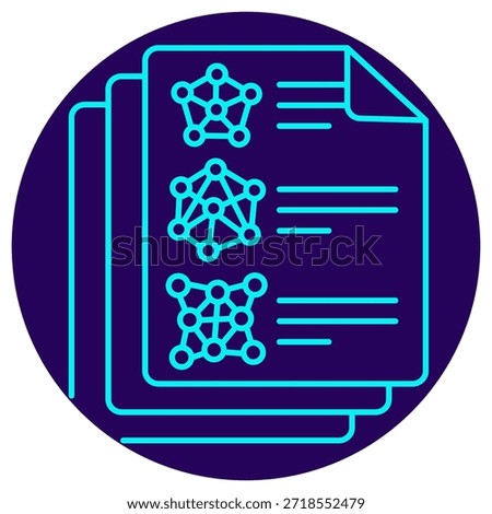 Model Specification Icon. Minimalistic neon outline on a dark blue round background. A stylish vector illustration of stacked documents with text and various graph-network diagrams, symbolizing detailed model specifications, algorithm documentation, and technical reporting for AI systems