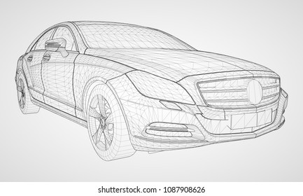 The model sports a premium sedan. Vector illustration in the form of a black polygonal triangular grid on a gray background.