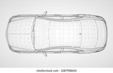 The model sports a premium sedan. Vector illustration in the form of a black polygonal triangular grid on a gray background.