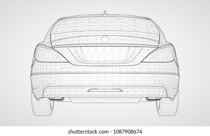 The model sports a premium sedan. Vector illustration in the form of a black polygonal triangular grid on a gray background.