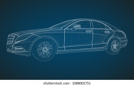 The model sports a premium sedan. Vector illustration in the form of a white polygonal triangular grid on a blue background.
