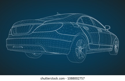 The model sports a premium sedan. Vector illustration in the form of a white polygonal triangular grid on a blue background.