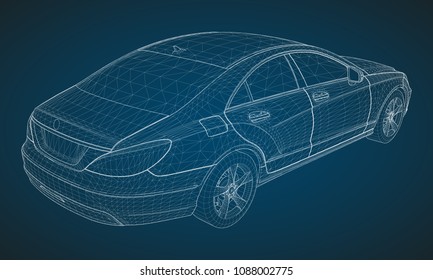 The model sports a premium sedan. Vector illustration in the form of a white polygonal triangular grid on a blue background.