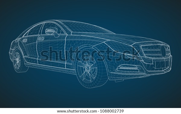 The\
model sports a premium sedan. Vector illustration in the form of a\
white polygonal triangular grid on a blue\
background.