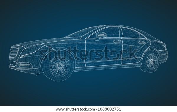 The
model sports a premium sedan. Vector illustration in the form of a
white polygonal triangular grid on a blue
background.