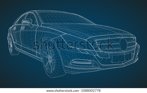 The\
model sports a premium sedan. Vector illustration in the form of a\
white polygonal triangular grid on a blue\
background.