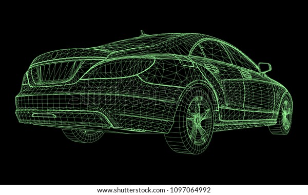 The model sports a premium sedan. Vector\
illustration in the form of a green polygonal triangular grid on a\
black background.