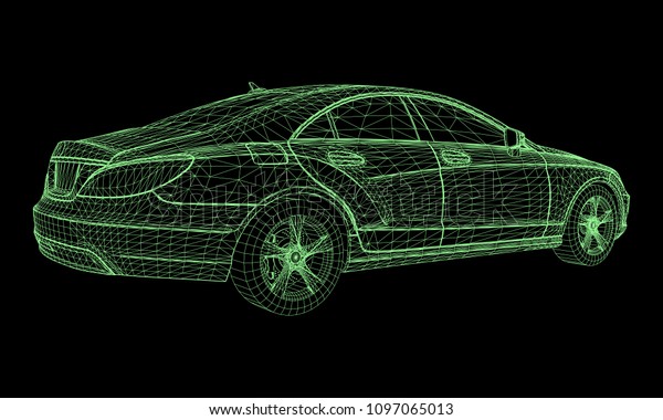 The model sports a premium sedan. Vector
illustration in the form of a green polygonal triangular grid on a
black background.