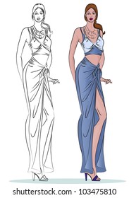 model standing in pose wearing blue dress with the outline style