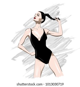 Model in swimsuit and ponytail
