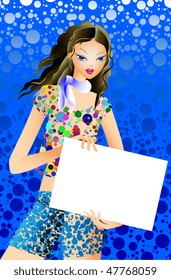 Model with a tabloid on a blue background