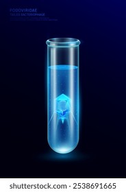 Model tailed bacteriophage glowing microbes. Podoviridae in glass test tube. Virus affects destroys harmful bacterial cell human internal. Medical science research and analysis. Vector EPS10.