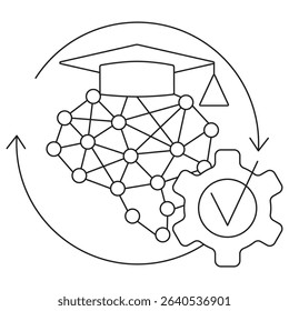 Model testing and validation icon. Vector pictogram with thin black lines on transparent background. Shows neural network diagram with graduation cap, gear with check mark, and circular arrows - Powered by Shutterstock - Get 15% off with code: PIKWIZARD15