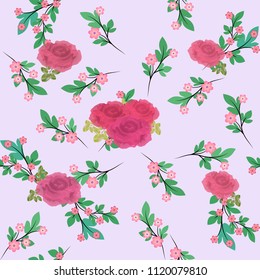 Model of textile drawing millefler. Scattering of small branches with pink flowers and pink roses on a light blue background 