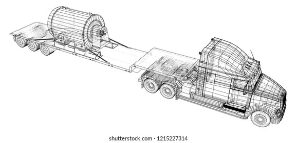 Model trailer truck. Wire-frame. Cargo vehicle. Vector rendering of 3d.