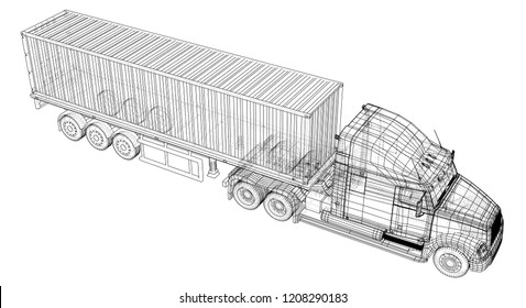 Model trailer truck. Wire-frame. EPS10 format. Vector rendering of 3d.