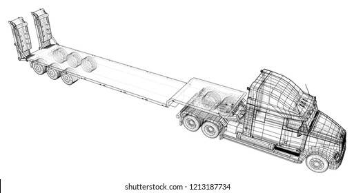 Model trailer truck. Wire-frame. EPS10 format. Vector rendering of 3d.
