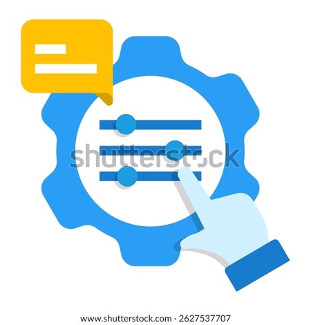 Model Tuning Icon. Gear with sliders and feedback bubble for machine learning configuration, AI parameter adjustment, and fine-tuning processes.