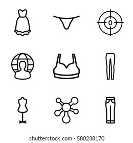 model vector icons. Set of 9 model outline icons such as mannequin, female underwear, sport bra, woman pants, dna, dress, user globe