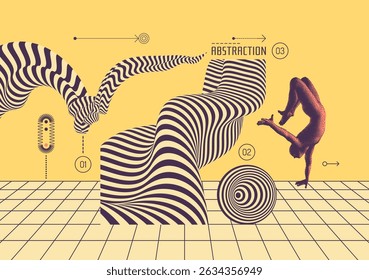 Model of the virtual space being created with the figure of a man doing a stand on one arm. Gymnast. 3D modelling of the human body. Optical art. Cover design template. Vector for brochure or poster.