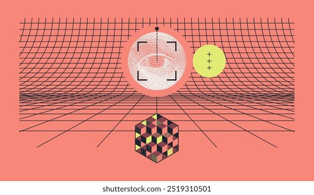 A model of virtual space created from a grid. An eye in a circle that is virtually scanned. A researcher studying something. The concept of safety on the internet. Design for a cover, card, brochure.