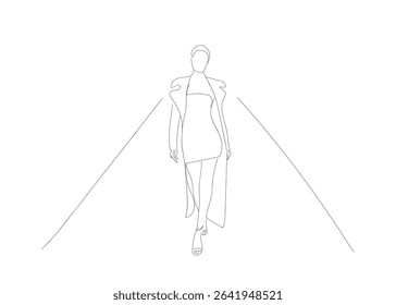 Model walking in podium line art drawing style. Composition of a person gesturing. Black linear sketch isolated on white background. Vector illustration design. Hand made vector not Al.
