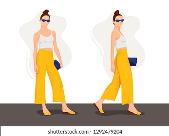 Model wants to cat walk in red Carpet but she should try in her home by herself, she using casual outfit like white tank top and yellow pants