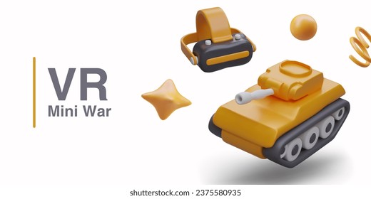 Modelo de arma de estilo realista para el ejército de caricaturas. VR 3d concepto de mini juego de guerra por computadora. Batallas, concepto de guerra. Ilustración vectorial en colores amarillos con lugar para texto