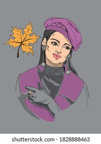 Una modelo con un barret morado.