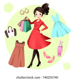 Model wearing a red coat. Hold a shopping bag Placed in the center of the image. Around is a item of fashion, clothing, bags, shoes, perfume bottles and earrings.
