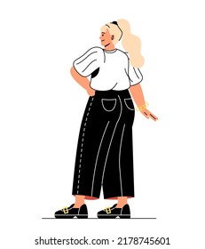 Model woman for animation. Young lady poses and presents stylish clothes or outfit. Back view. Beautiful character or design element for editing. Cartoon flat vector illustration in doodle style
