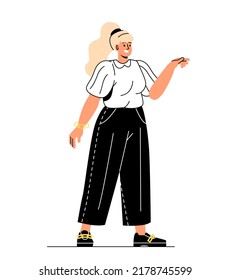 Model woman for animation. Young smiling lady with stylish white shirt and black pants flirts and gives her hand. Design element for sticker. Cartoon flat vector illustration in doodle style