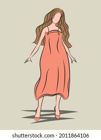 Model woman in orange dresses vector illustration, fashion design, Hand drawn vector, Girl in a orange dress sketch, Women Stylish elegant 