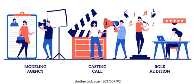 Modeling agency, casting call, role audition concept with tiny people. Fashion and movie industry vector illustration set. Commercial shootings, brand advertising, talent search, interview metaphor.