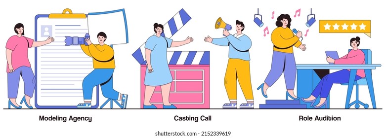 Modeling agency, casting call, singing audition concepts with people characters. Fashion and movie industry illustrations pack. Commercial shootings, brand advertising, talent search, interview.