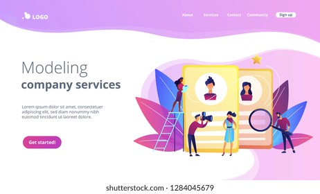 Modeling agency manager and photographer take photos of model for portfolio. Modeling agency, fashion model agent, modeling company services concept. Website vibrant violet landing web page template.