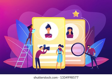 Modeling agency manager and photographer take photos of model for portfolio. Modeling agency, fashion model agent, modeling company services concept. Bright vibrant violet vector isolated illustration